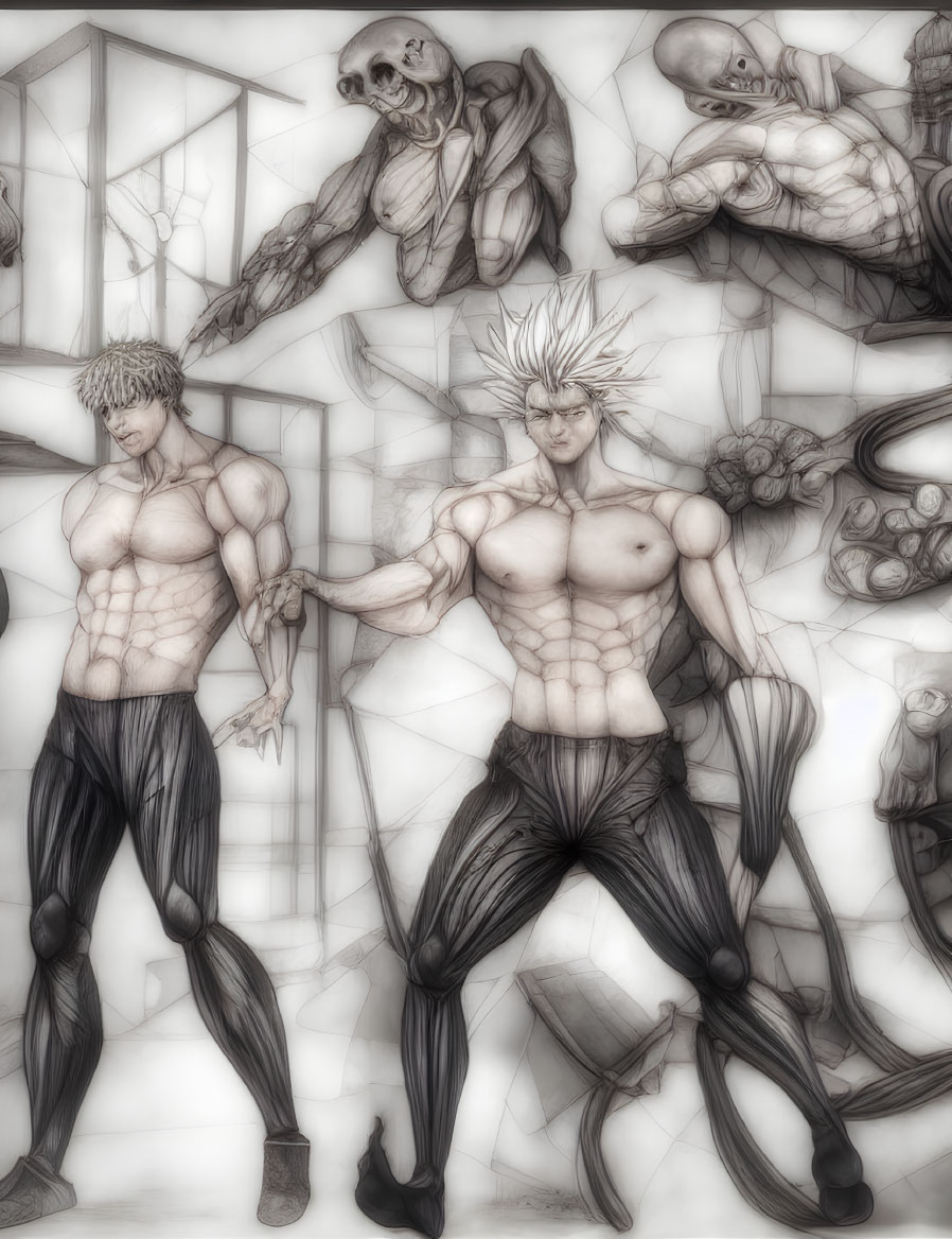 Detailed Monochrome Sketch: Three Muscular Male Figures in Dynamic Poses with Anatomy Details