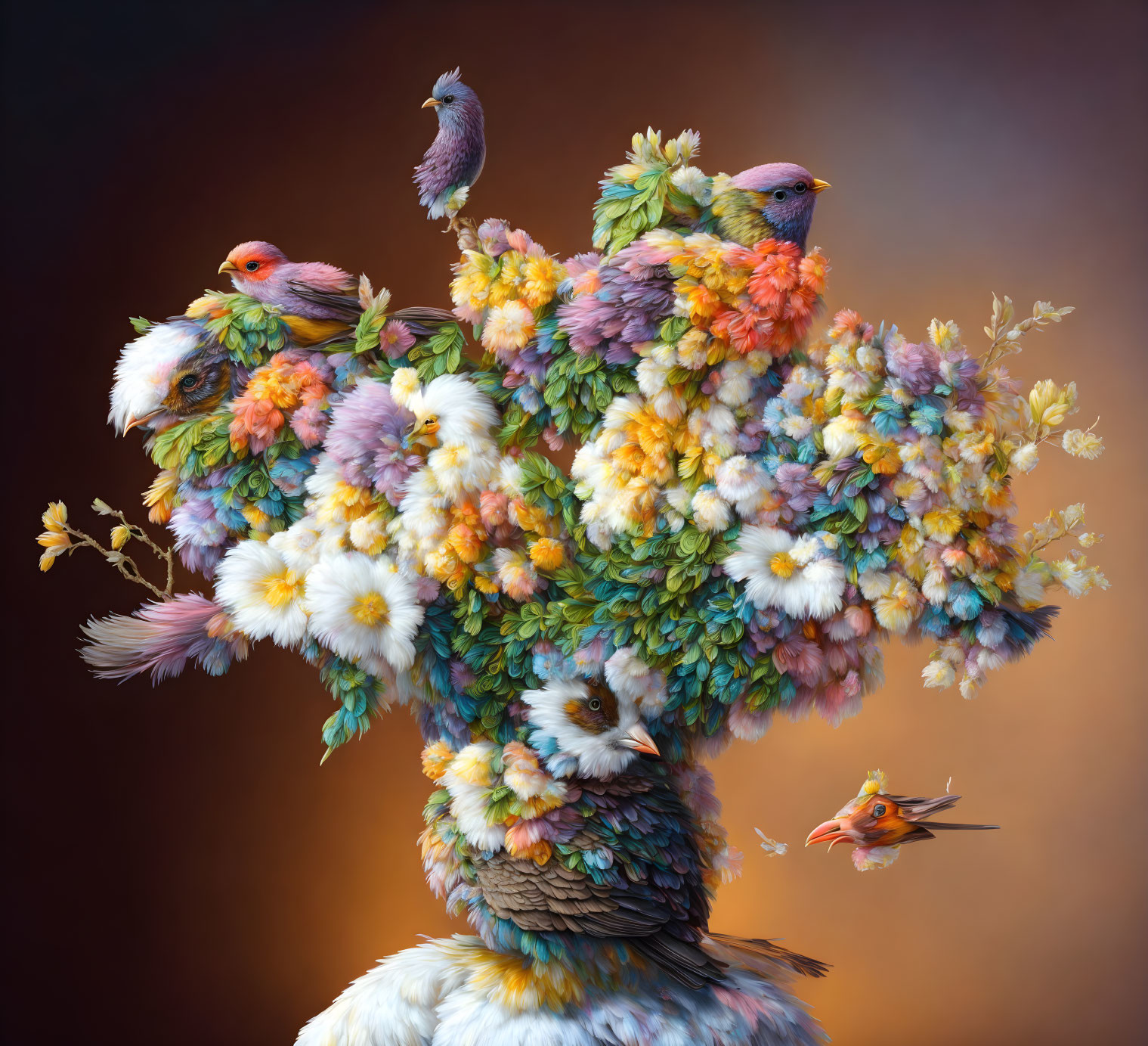 Vibrant birds perched on surreal, flowered tree structure