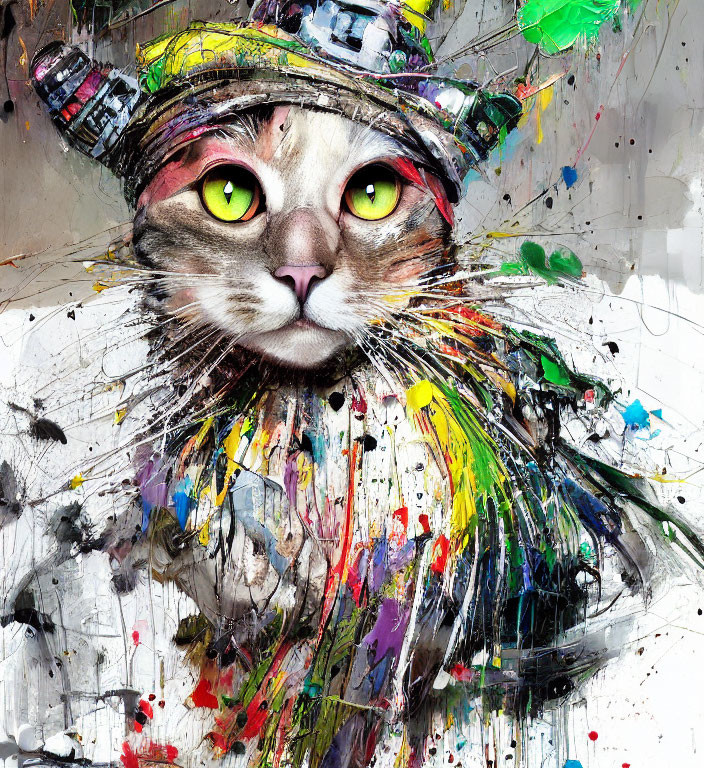 Vibrant painting of a cat with green eyes in a hat