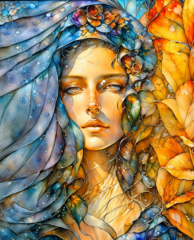 Woman with Flowers in Hair Surrounded by Blue Fabric and Autumn Leaves