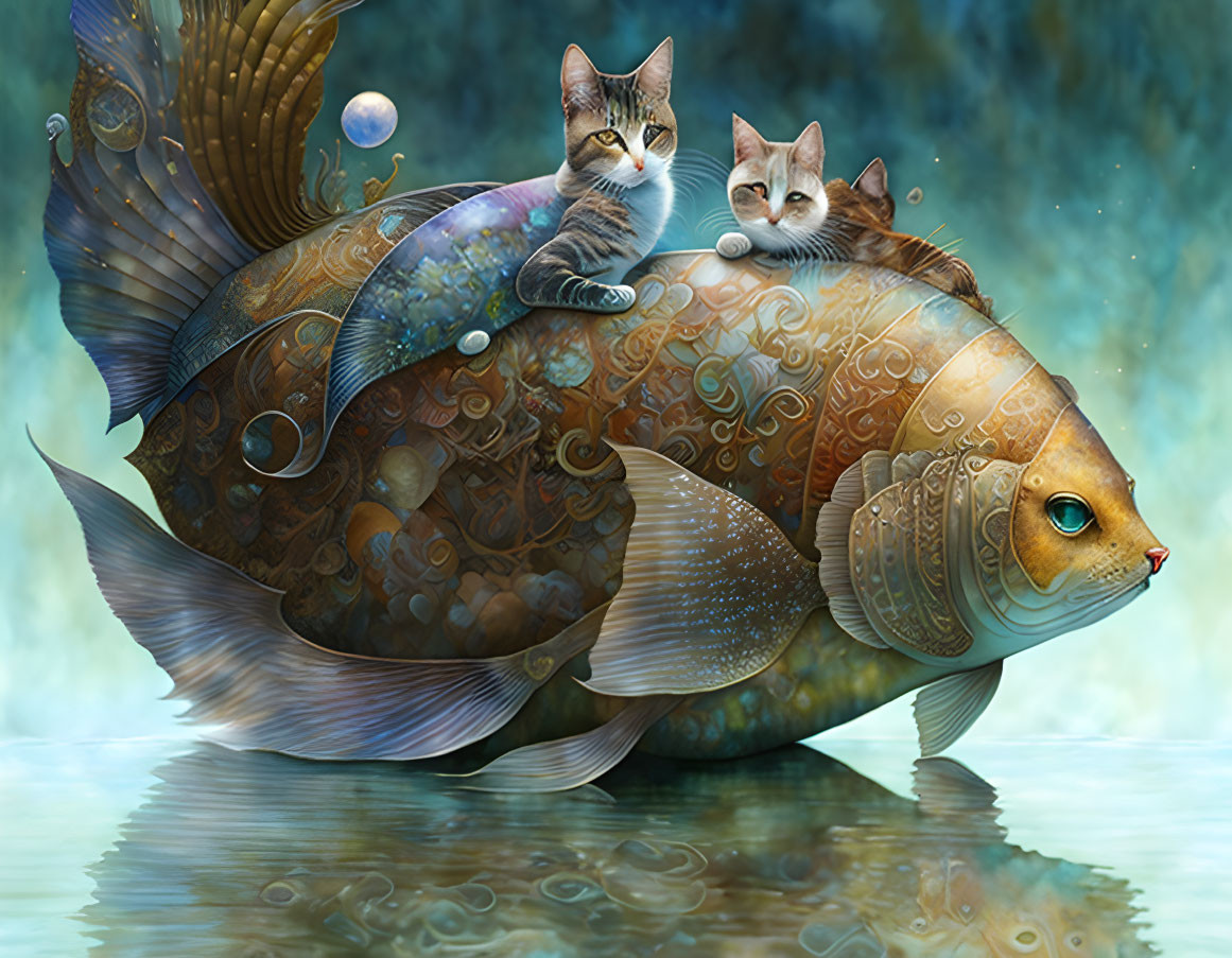 Celestial-patterned cats ride ornate fish in mystical underwater scene