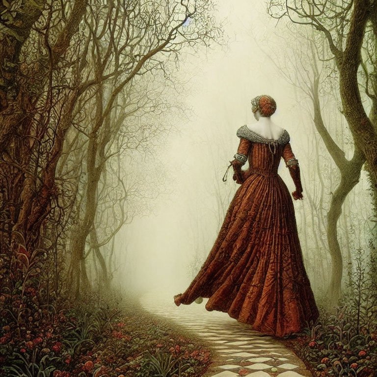 Woman in vintage red dress walking on misty cobblestone path surrounded by bare trees and lush under