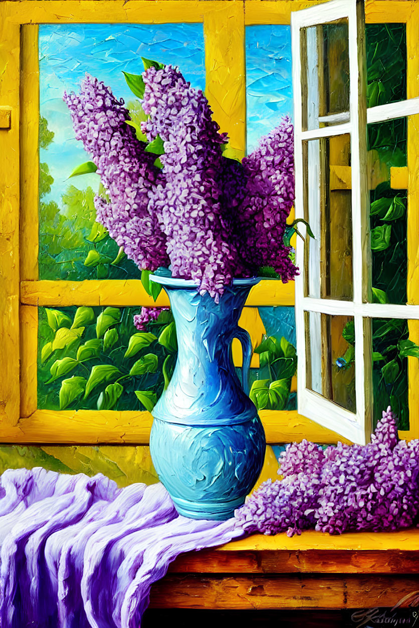 Colorful painting of blue vase with lilac flowers by window overlooking green foliage