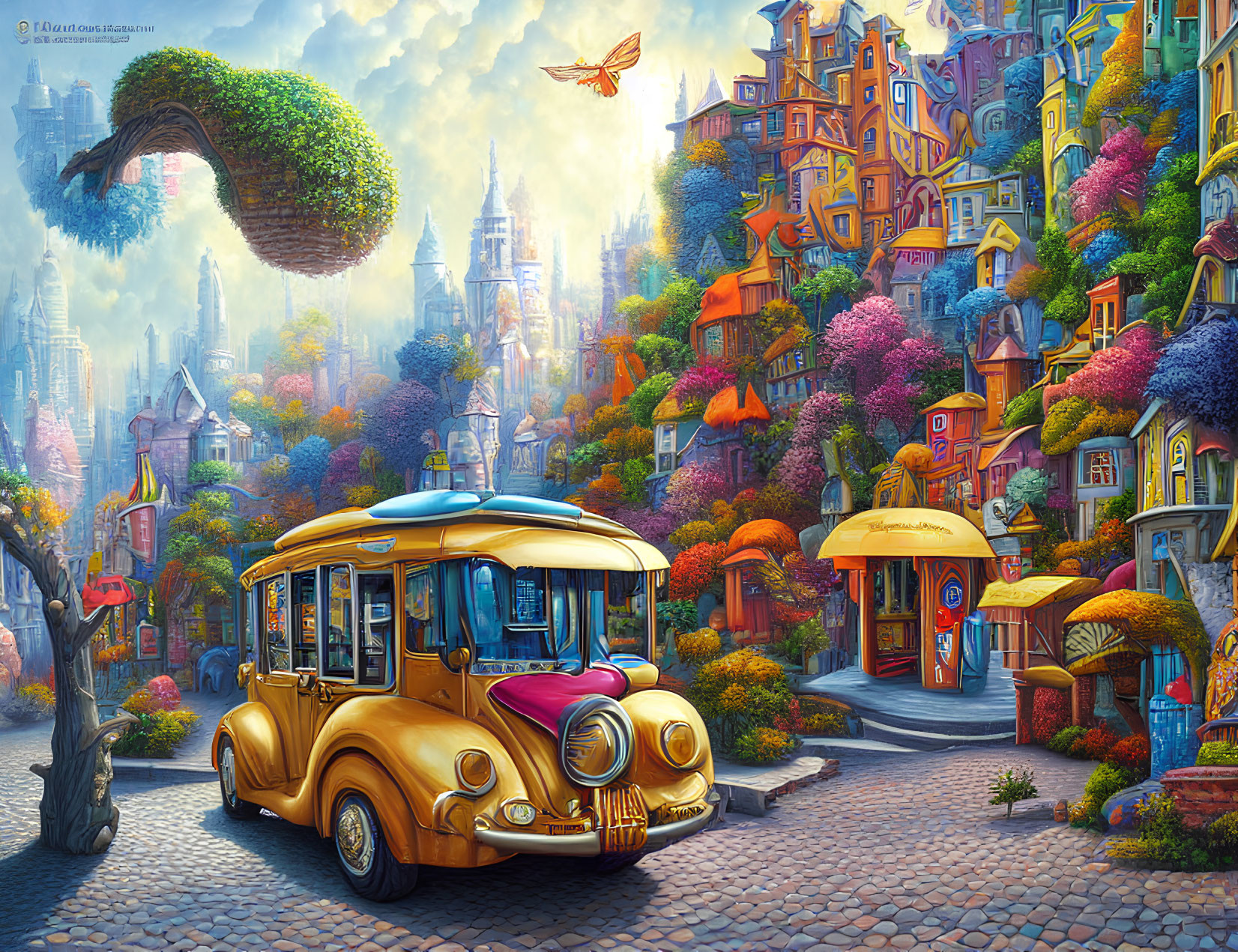 Colorful painting of town with floating island, vintage bus, and sunlit foliage