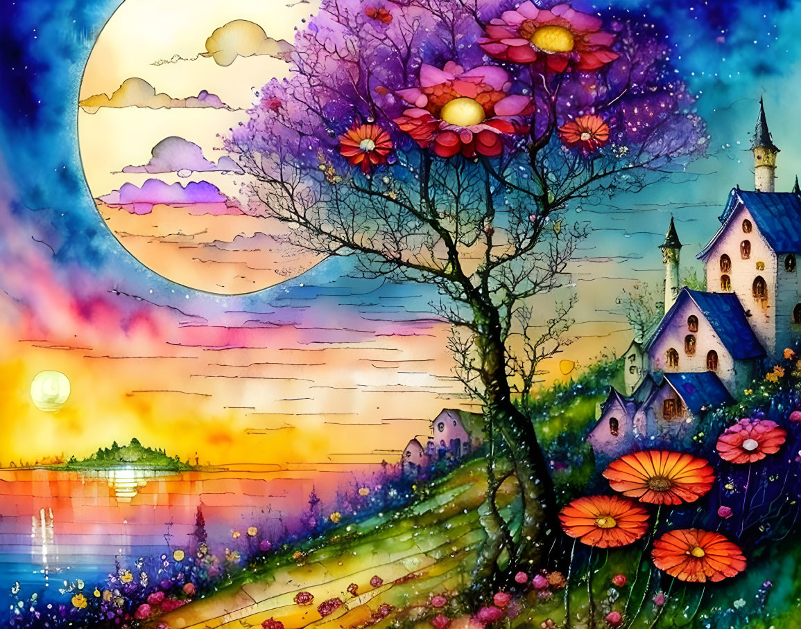 Colorful watercolor landscape with flowers, tree, houses, church, lake, sunset, moon