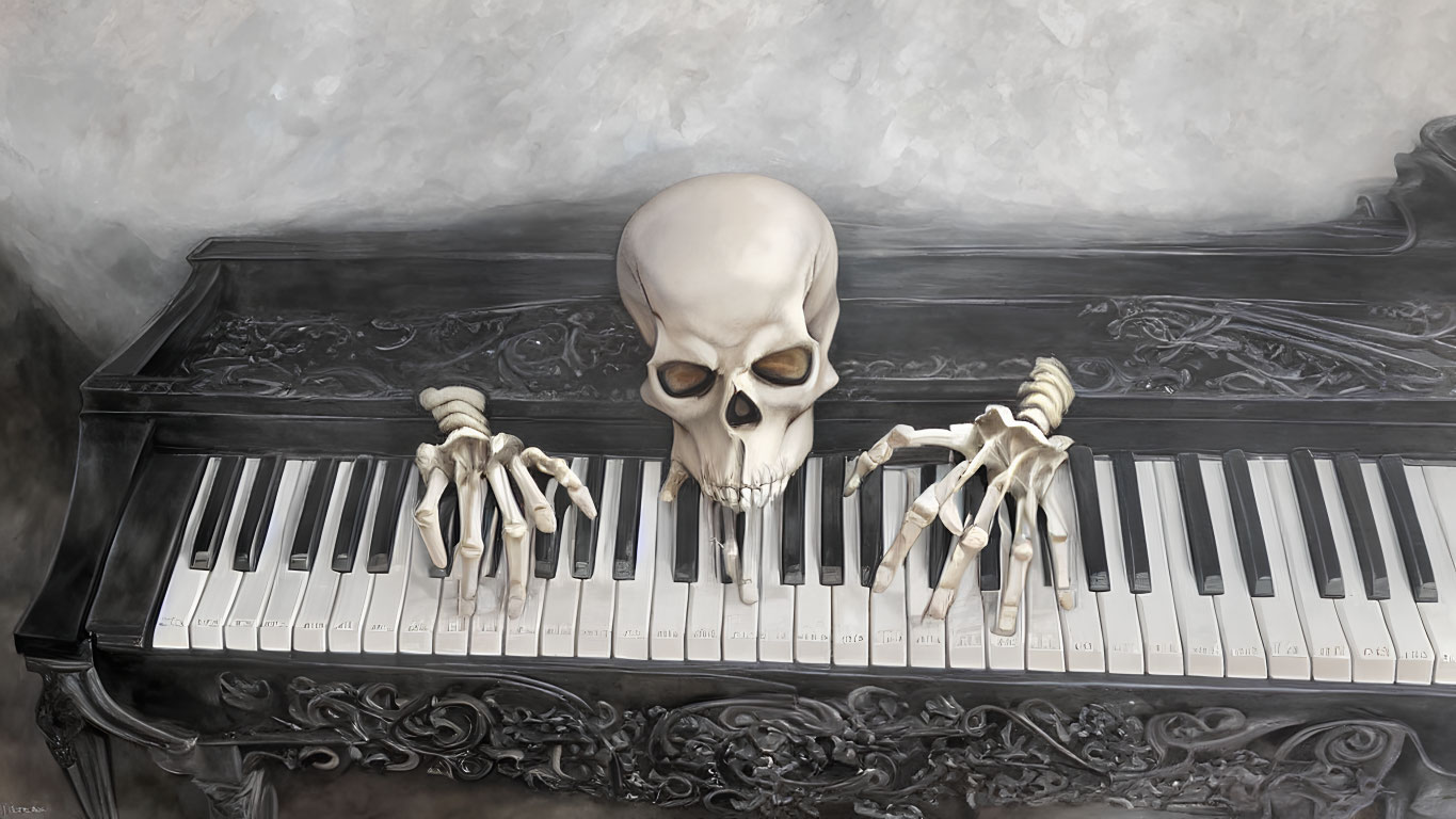 Skeleton's hands and skull on embellished grand piano keyboard showcase macabre theme