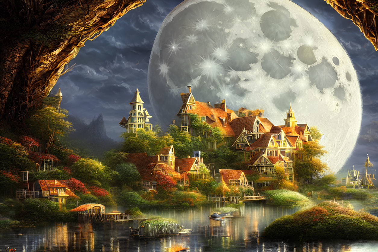 Fantasy village under giant moon in lush setting