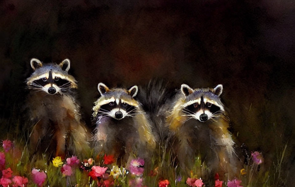 Colorful Flowers Surrounding Four Raccoons in Blur Background