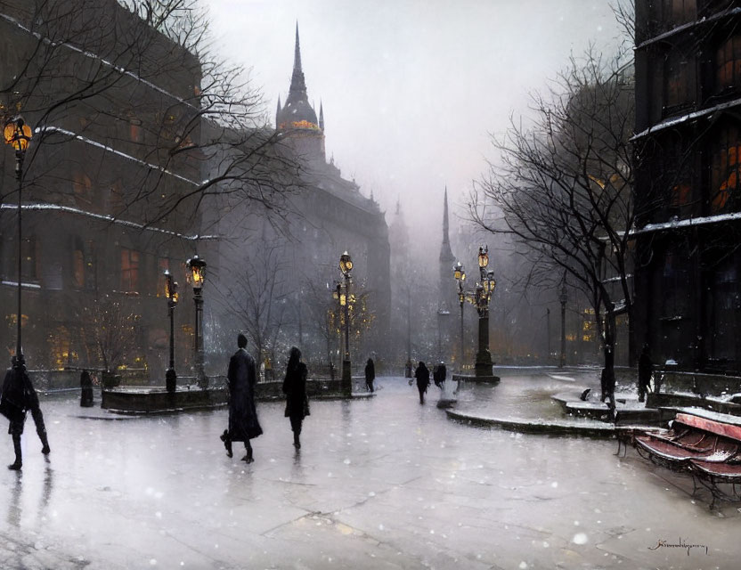 Snowy city scene: people walking, lit street lamps, benches, spires under dusky sky