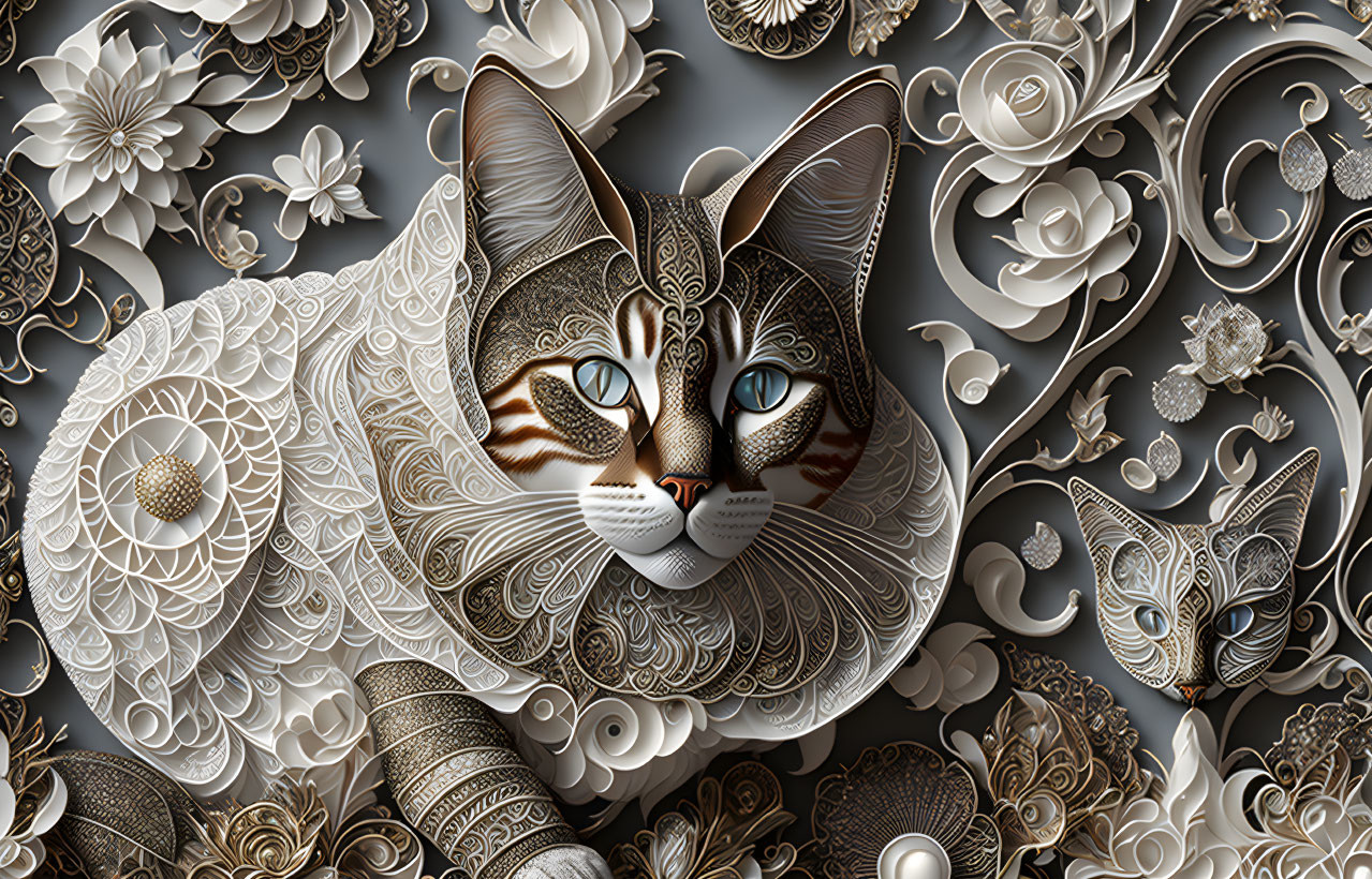 Detailed 3D cat illustration with floral and butterfly motifs in monochromatic tones and gold accents