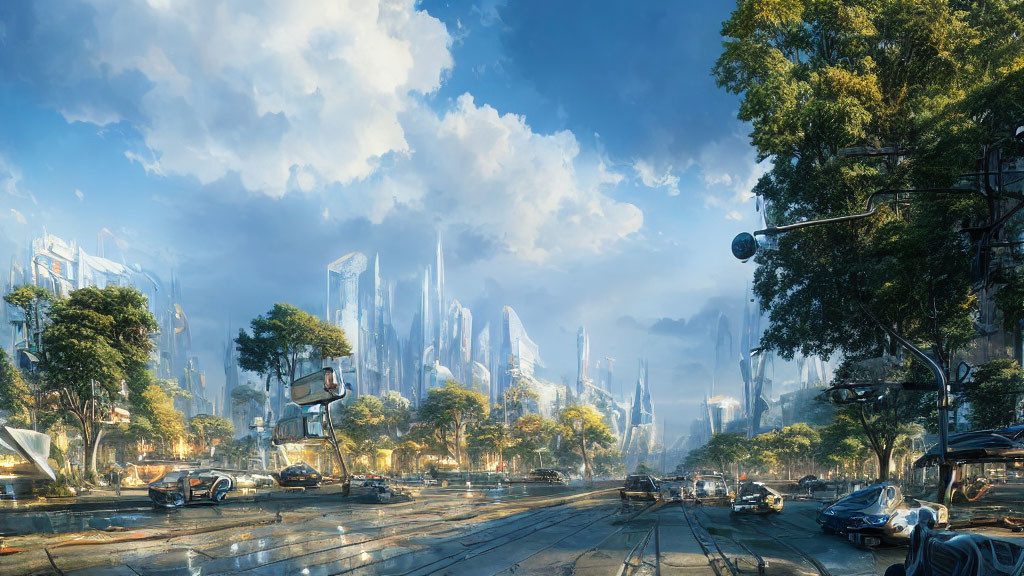 Advanced vehicles and skyscrapers in a futuristic cityscape under a blue sky