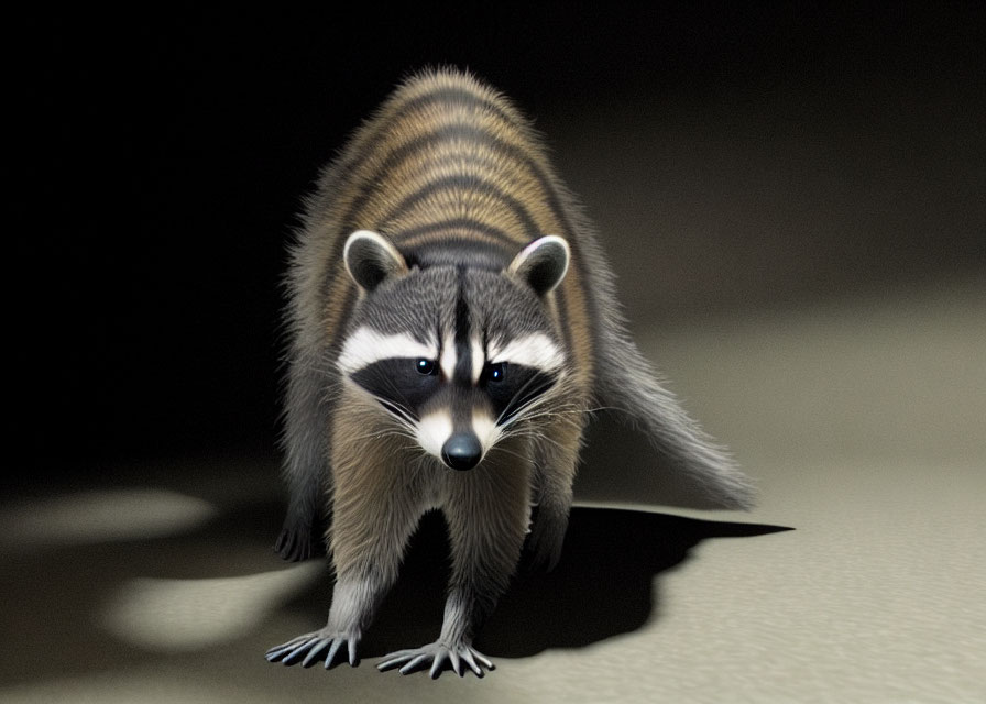 Raccoon with black mask and striped tail on dark background