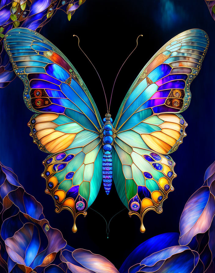 Colorful Butterfly Artwork with Blue and Gold Wings on Dark Background