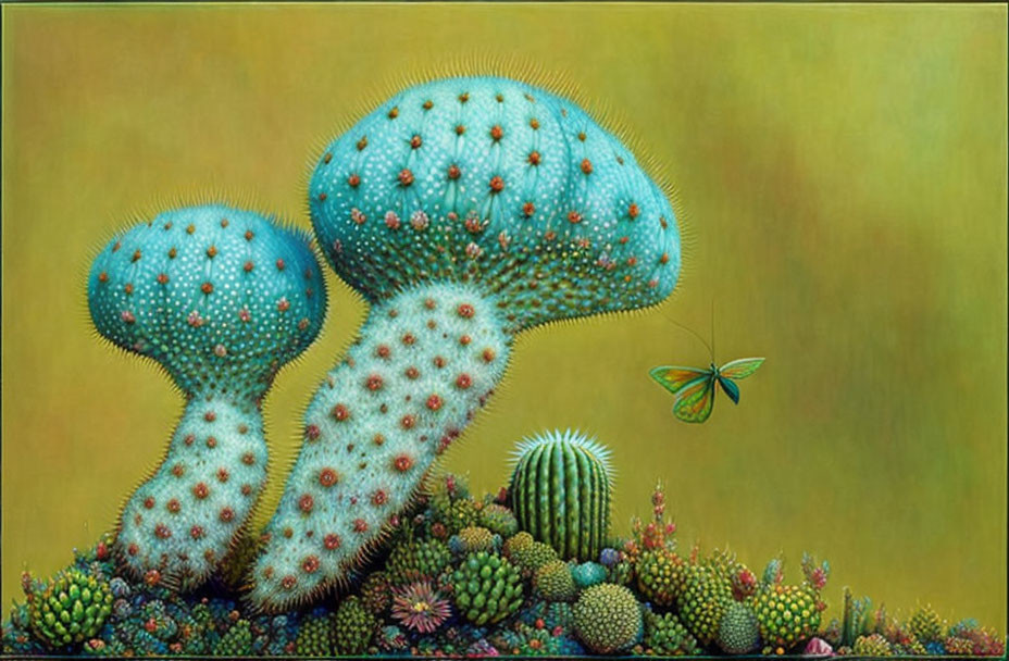 Surreal mushroom-shaped cacti with teal tops on yellow background