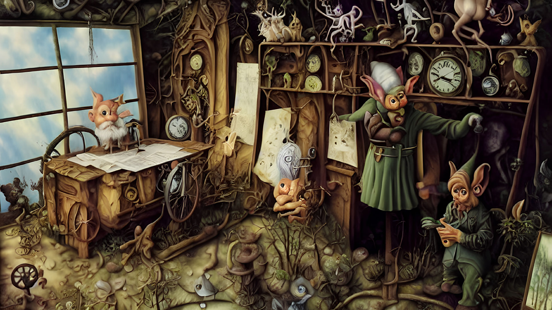 Anthropomorphic foxes in workshop with clock parts & fantastical creatures
