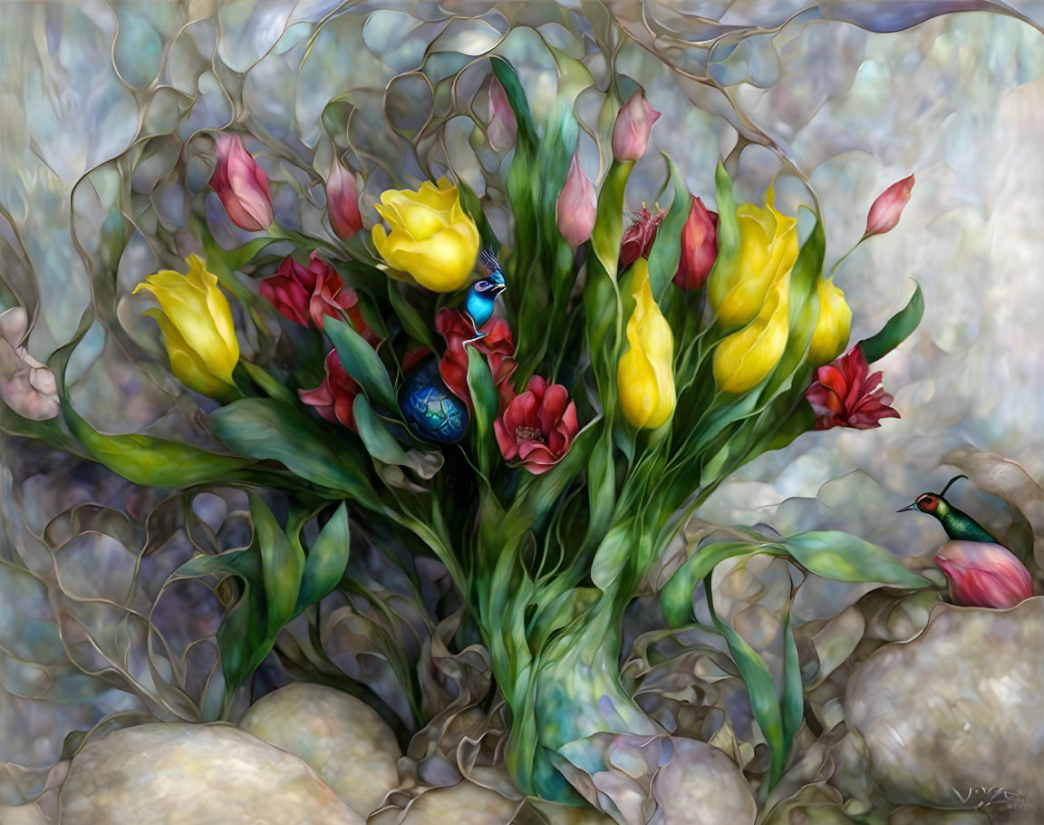 Colorful digital painting of tulips with birds on textured background