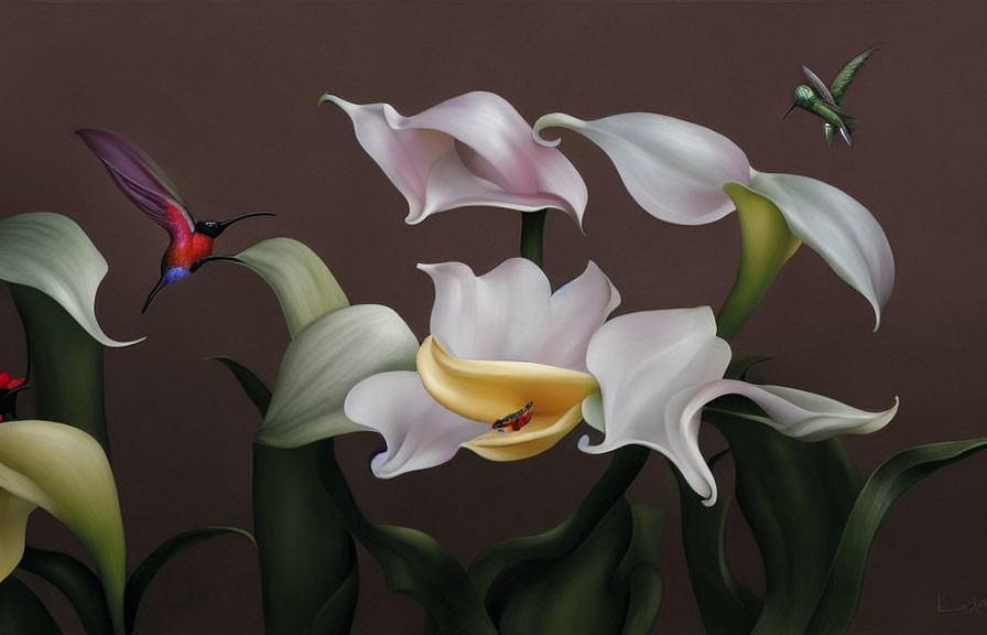 White Calla Lilies, Hummingbirds, and Ladybug on Brown Background