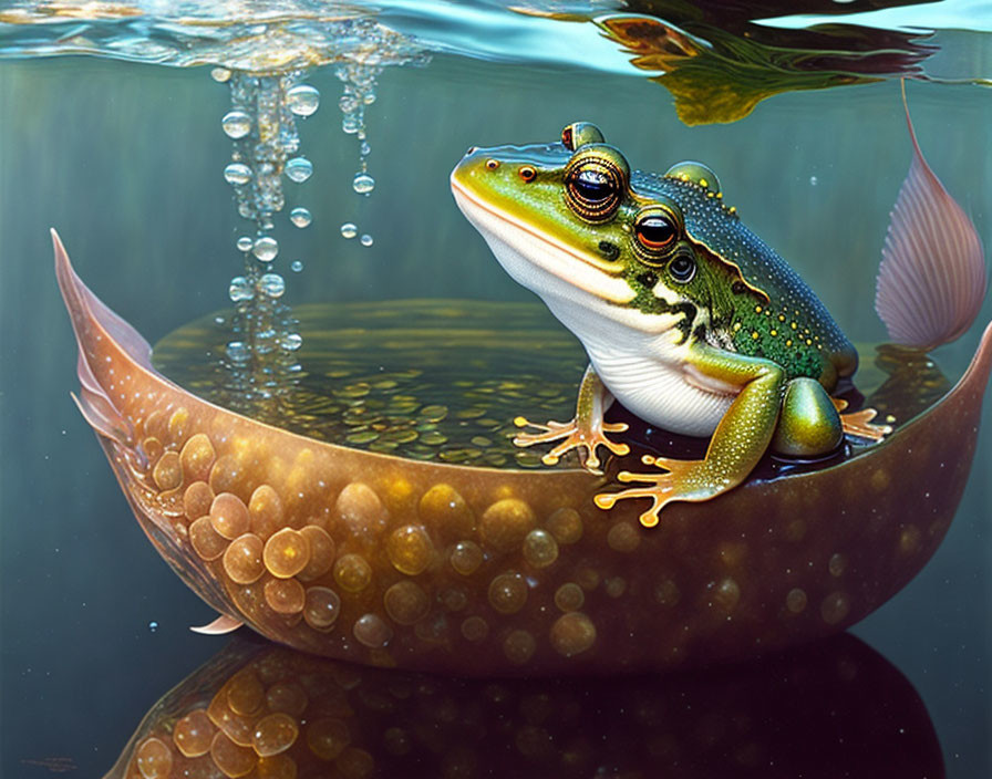 Frog on Brown Leaf Floating in Water with Bubbles