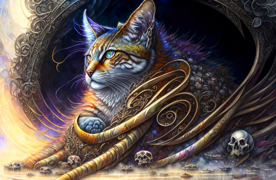 Fantasy cat with golden ornaments and skull on cosmic background.