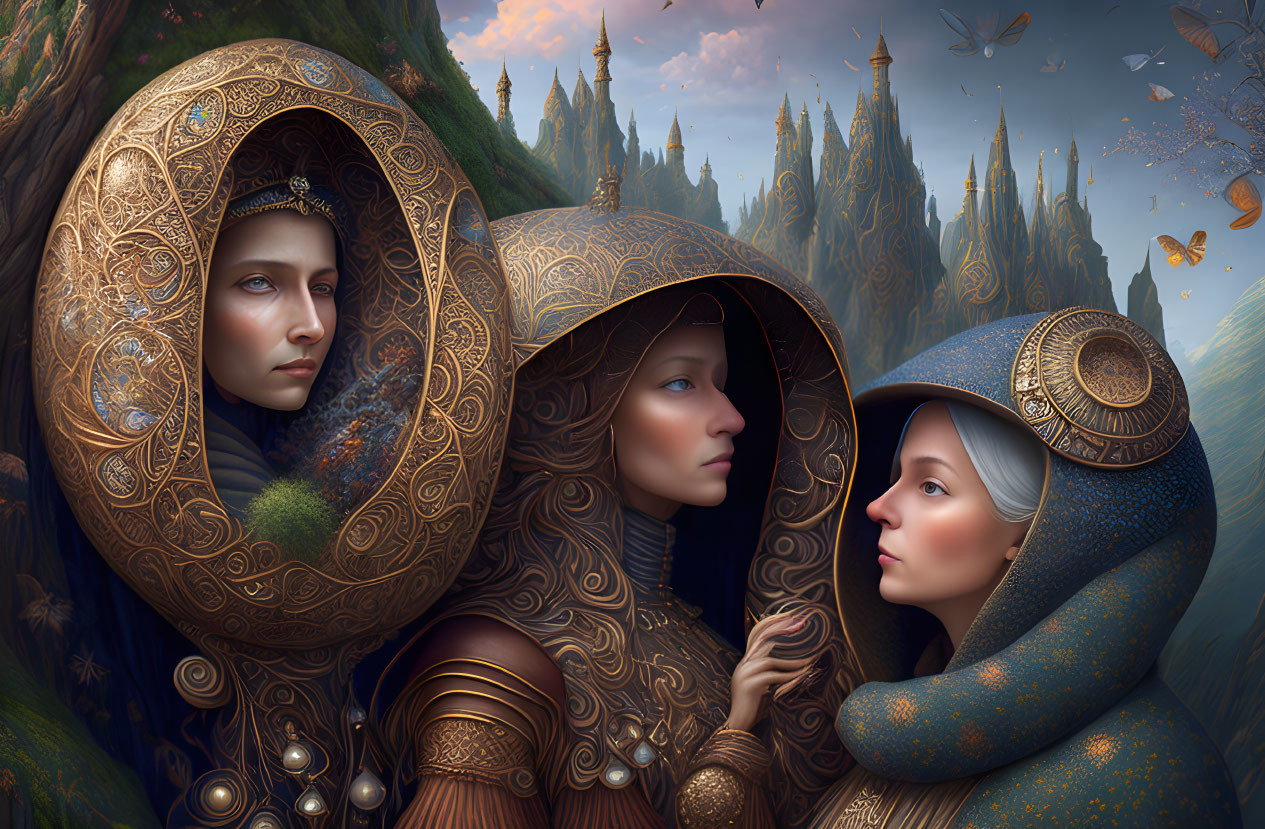 Three people in ornate medieval cloaks with golden patterns in a mystical forest with floating butterflies.