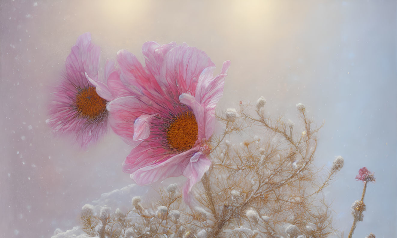 Pink Flowers and Snowy Plants in Soft Glowing Light