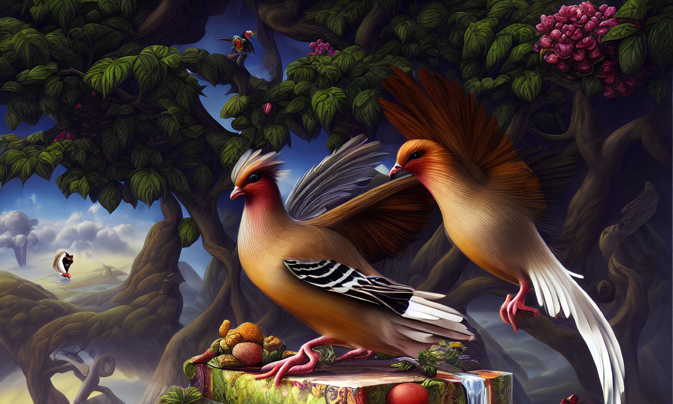 Colorful exotic birds in lush forest setting with fruit and another bird.