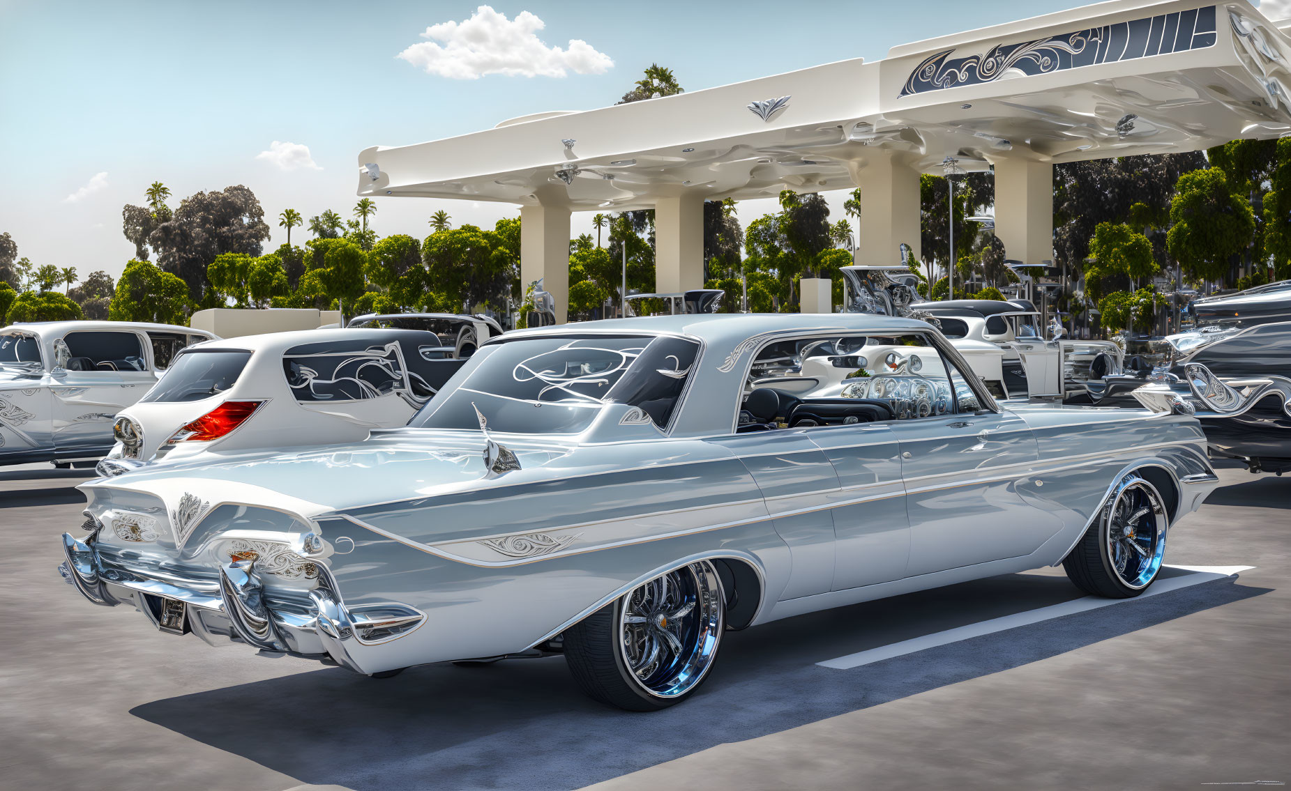 Classic Blue and White Car with Custom Chrome Details and Rims at Car Show