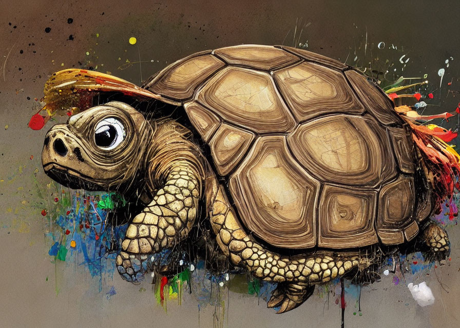 Colorful Turtle Artwork with Whimsical Paint Splashes