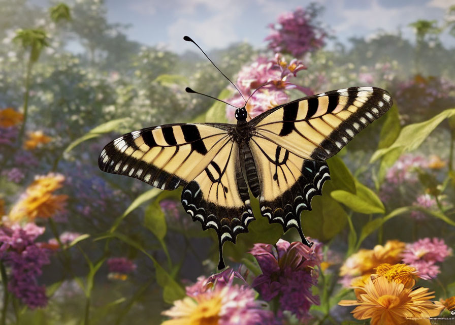 Yellow and Black Striped Butterfly on Flower in Sunny Garden