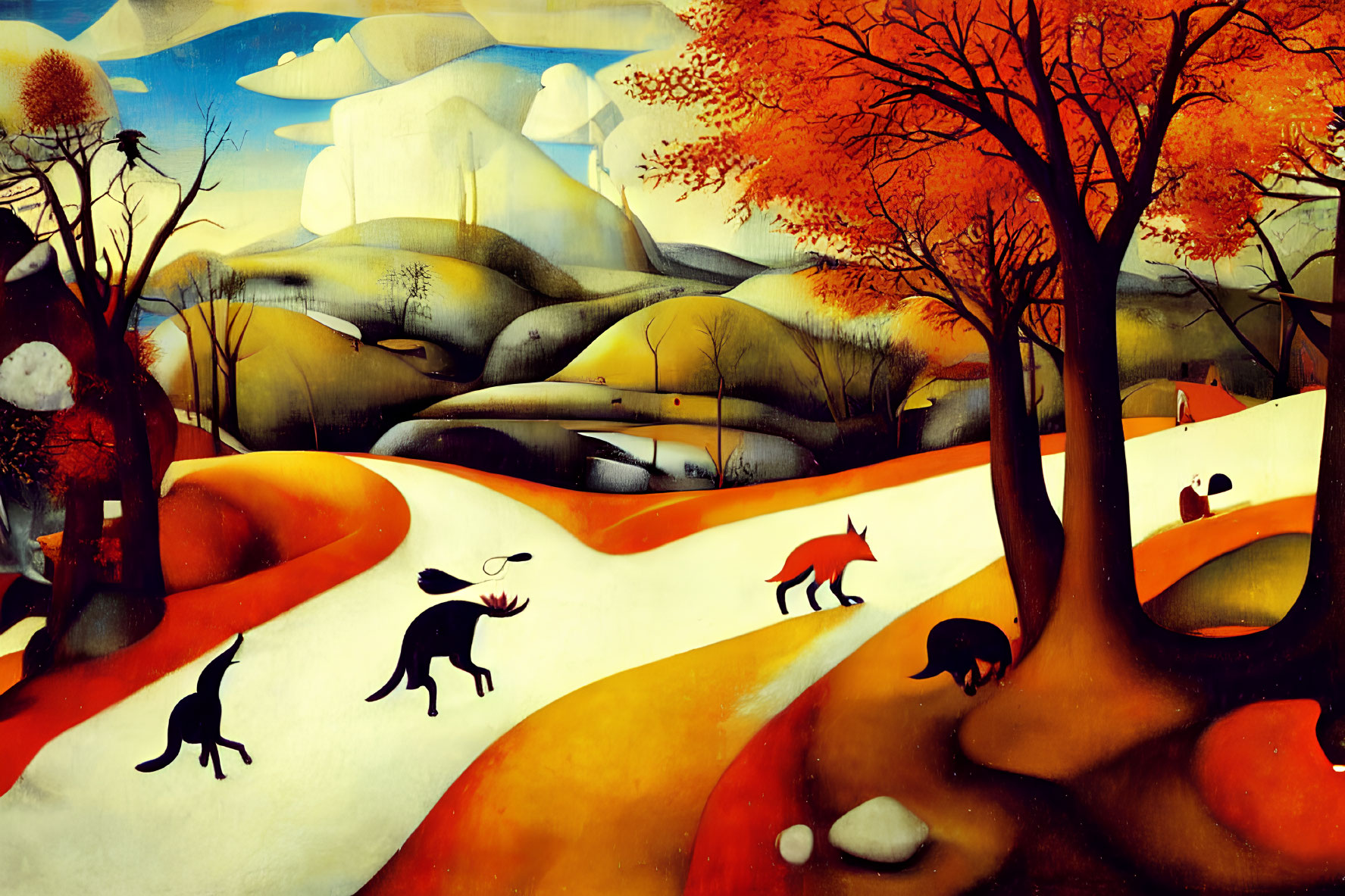 Colorful Autumn Landscape with Rolling Hills, Snowy Path, and Stylized Animals