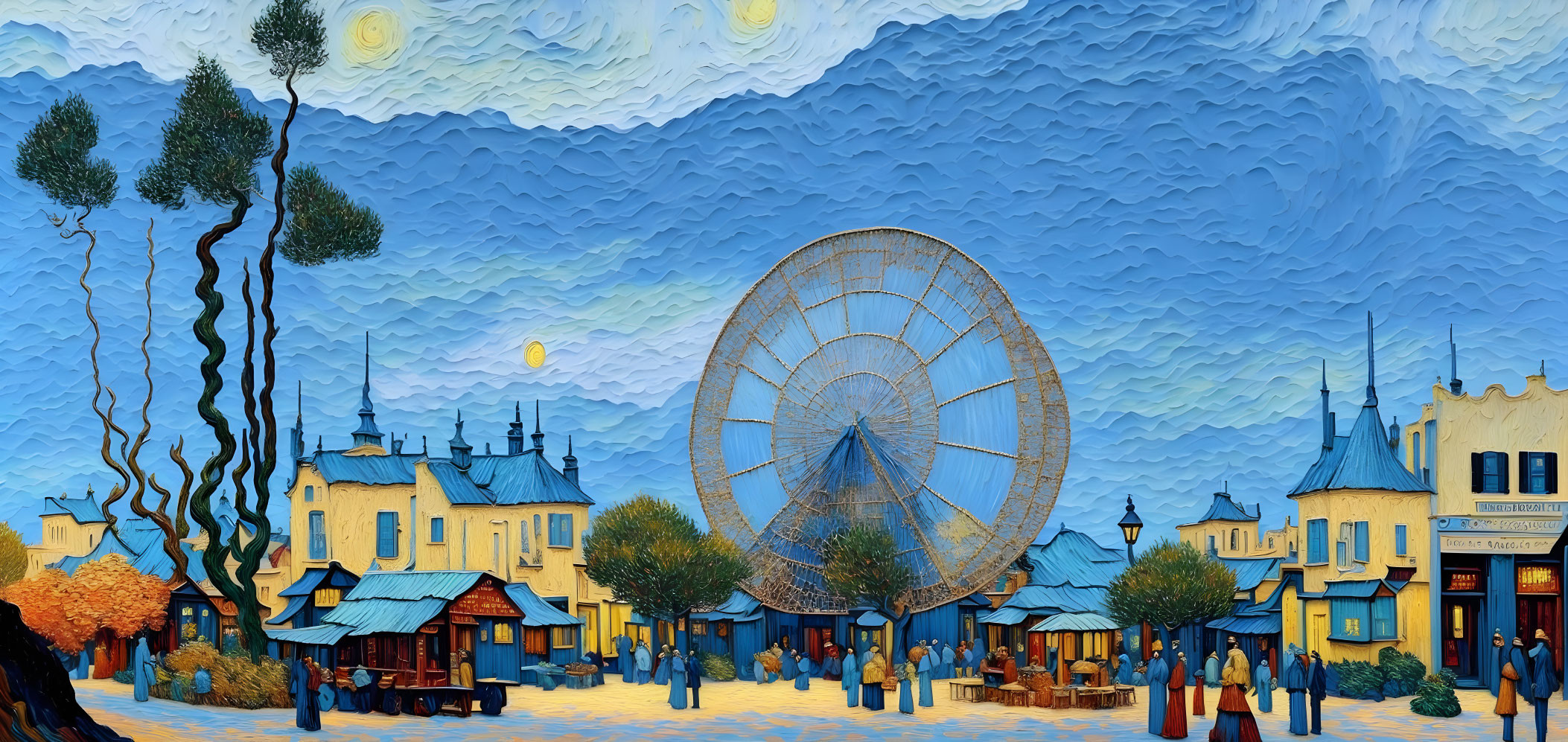 Town square with Ferris wheel under Van Gogh-inspired sky