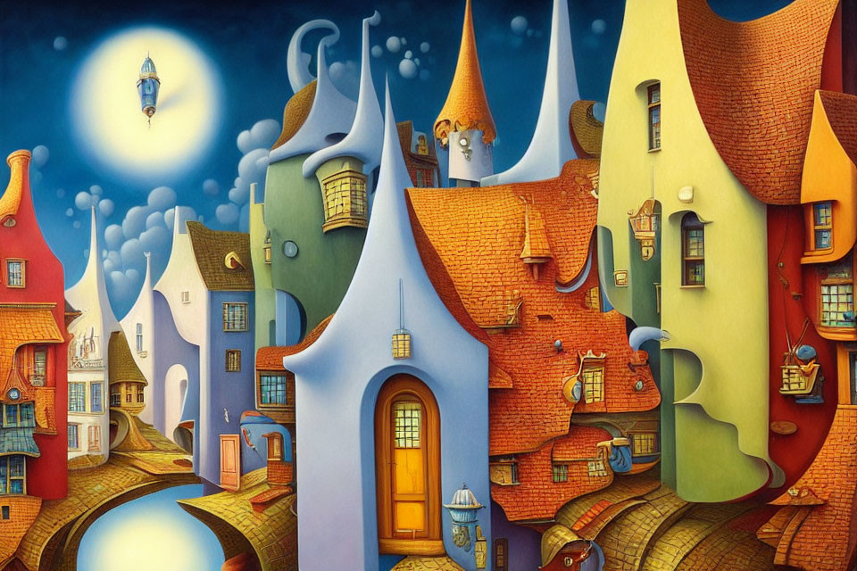 Colorful Surreal Village Painting with Curvy Houses and Moonlit Sky