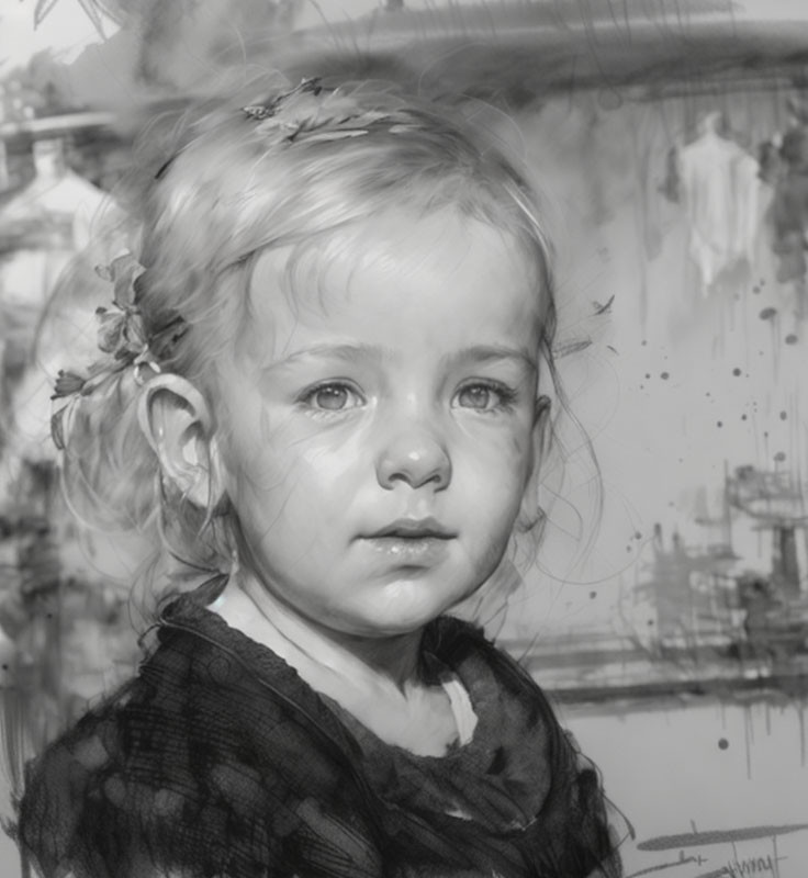 Monochrome digital painting of a young girl with solemn expression and flower in hair