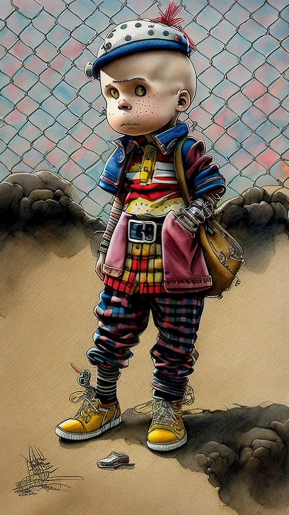 Illustrated punk-style boy in cap and striped pants by fence with satchel and crushed can.