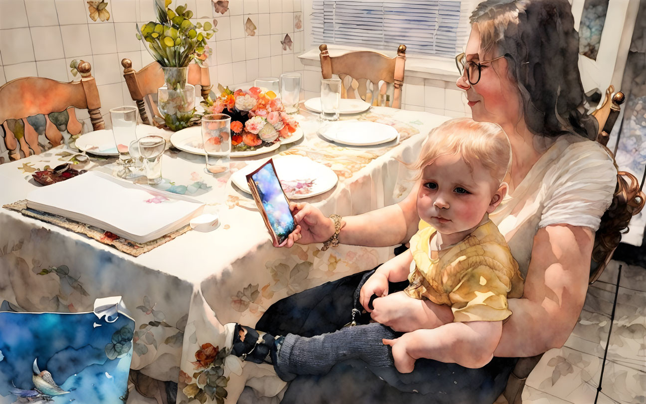 Woman and child at dining table in cozy kitchen scene.