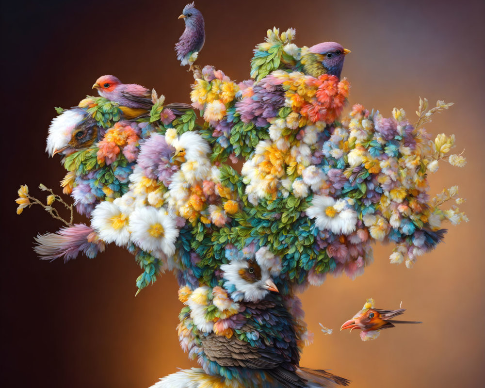 Vibrant birds perched on surreal, flowered tree structure