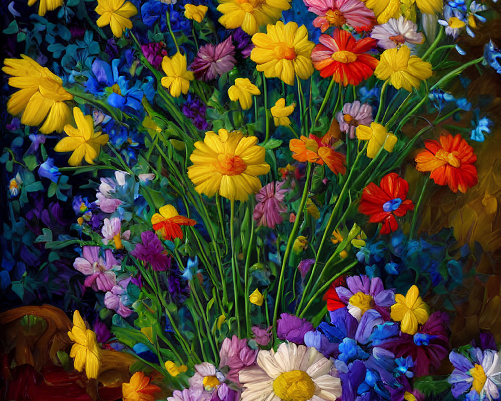 Colorful Flower Bouquet in Glass Vase with Blue Flowers and Window Reflections