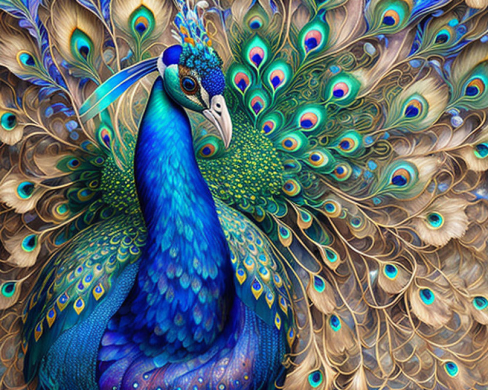 Colorful Peacock Illustration with Blue, Green, and Gold Feathers