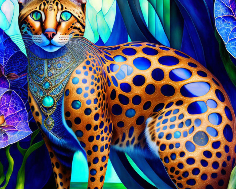 Colorful digital artwork: Stylized cat with intricate patterns and floral backdrop