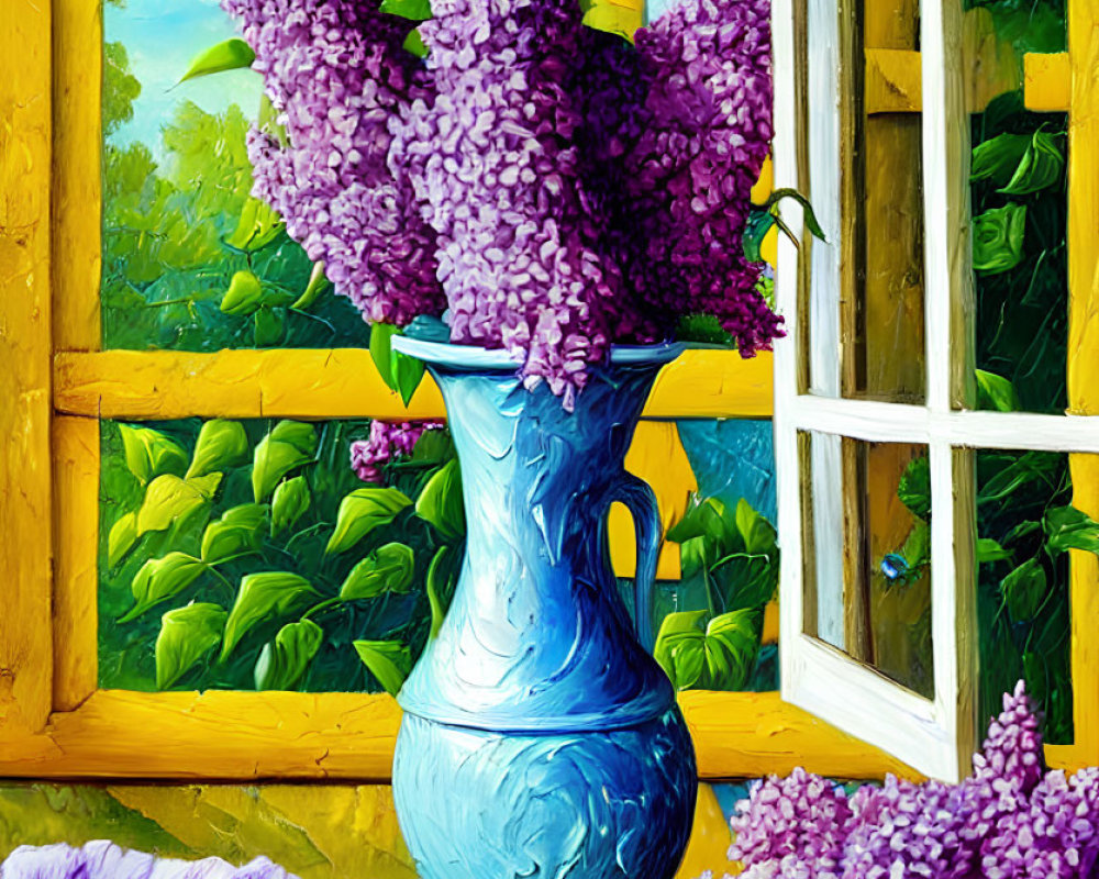 Colorful painting of blue vase with lilac flowers by window overlooking green foliage