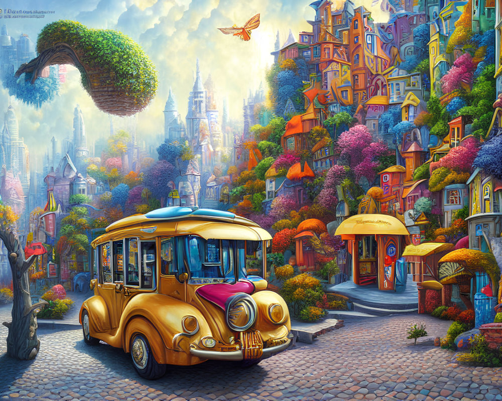 Colorful painting of town with floating island, vintage bus, and sunlit foliage