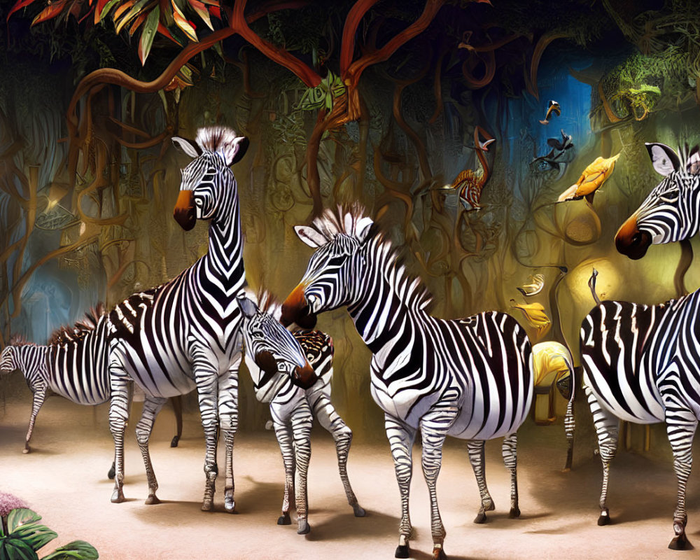 Surreal zebra illustration with transitioning stripes on exotic backdrop