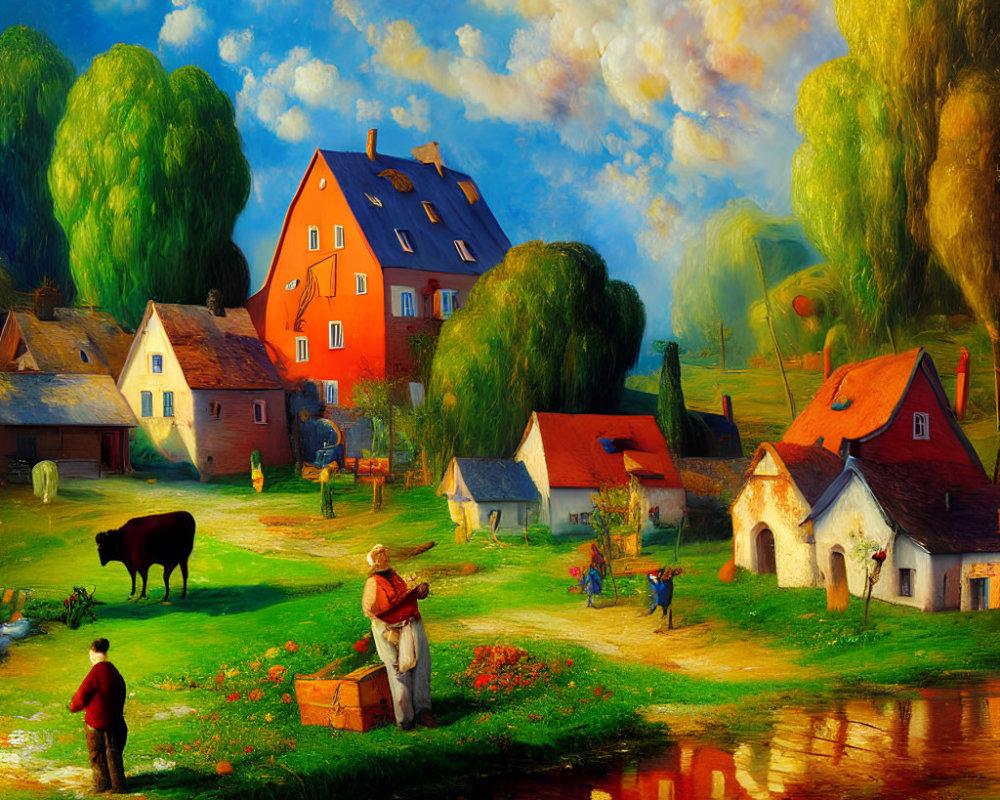 Vibrant sunset over rural scene with large house, cottages, pond, and greenery