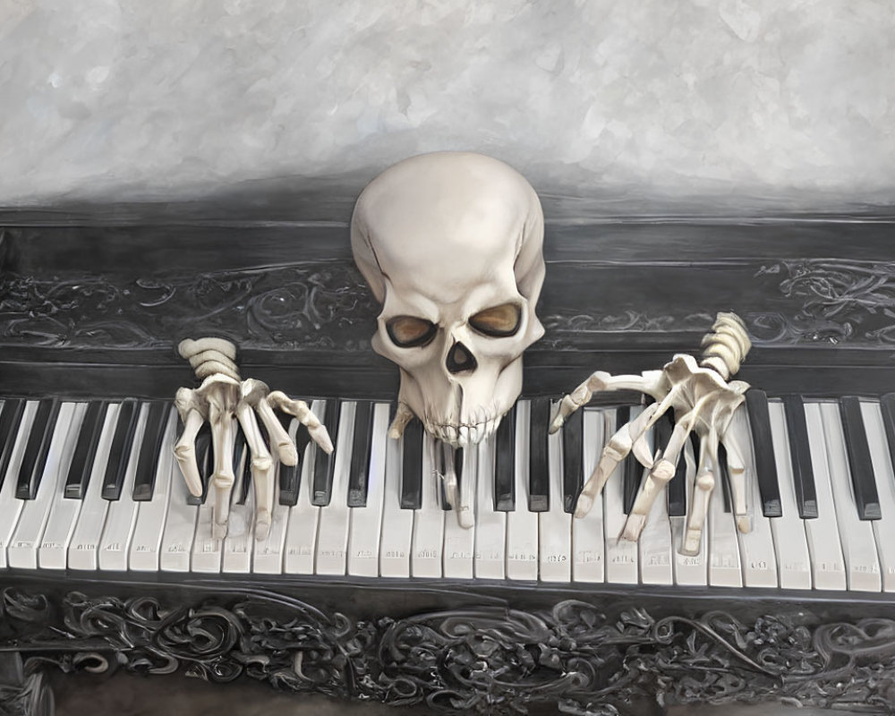 Skeleton's hands and skull on embellished grand piano keyboard showcase macabre theme