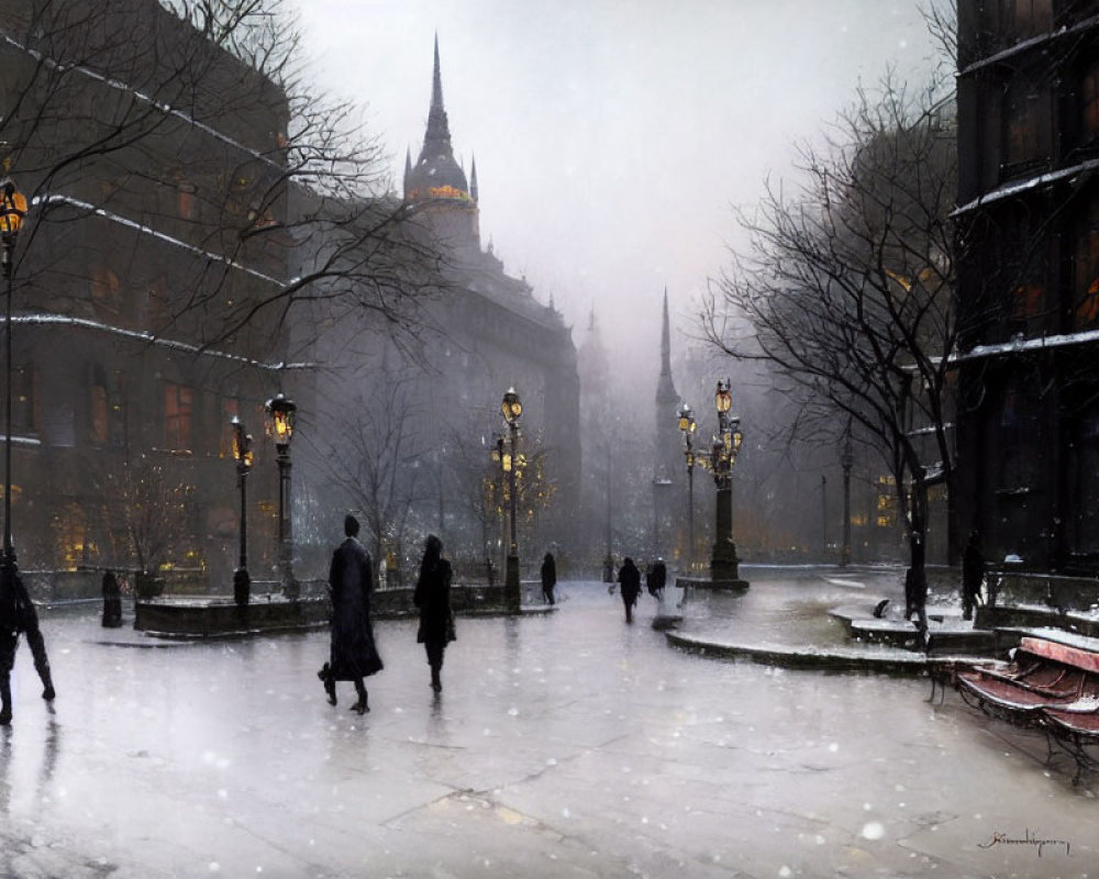 Snowy city scene: people walking, lit street lamps, benches, spires under dusky sky