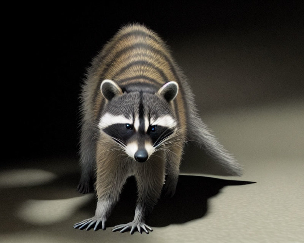 Raccoon with black mask and striped tail on dark background