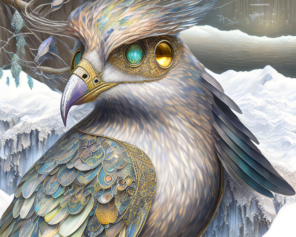 Detailed fantasy owl illustration with blue and gold plumage in winter landscape