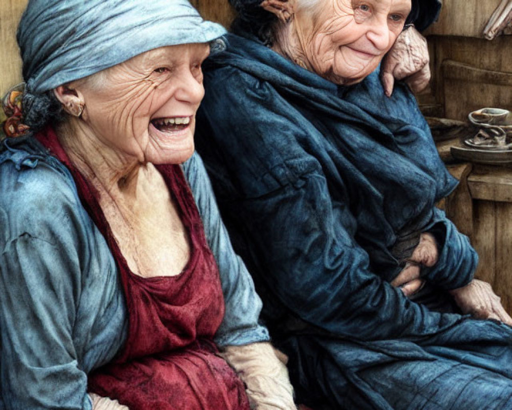 Elderly women in traditional clothes in cozy kitchen setting