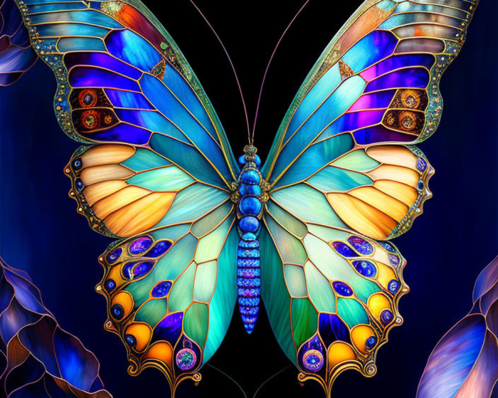 Colorful Butterfly Artwork with Blue and Gold Wings on Dark Background