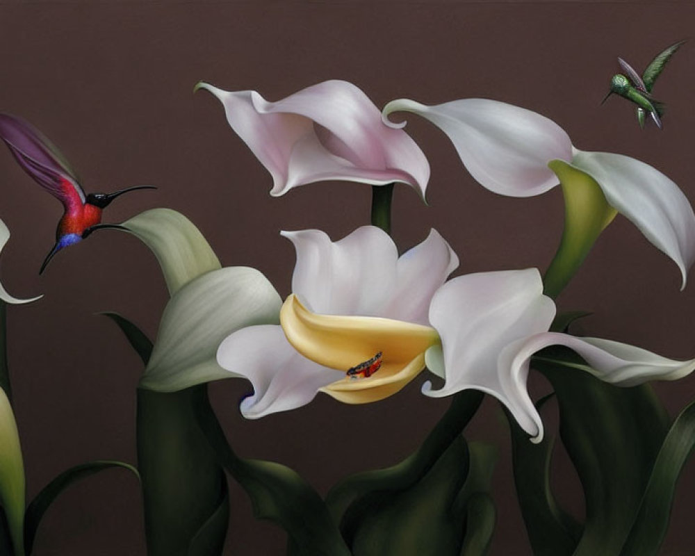 White Calla Lilies, Hummingbirds, and Ladybug on Brown Background
